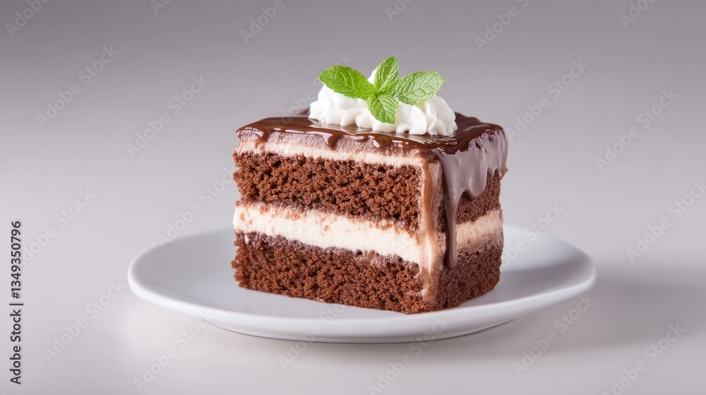 Chocolate cake slice with whipped cream. A rich, decadent chocolate cake, layered with creamy filling and topped with a swirl of whipped cream and fresh mint Chocolate cake slice with whipped cream. A rich, decadent chocolate cake, layered with creamy filling and topped with a swirl of whipped cream and fresh mint