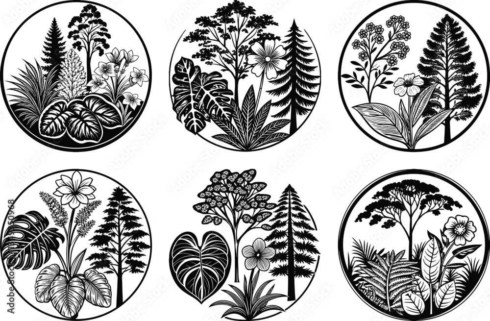 Botanical Circle Art: Black & White Vector Illustrations of Trees, Flowers & Plants for Logo Design, Nature Graphics & Garden Art Projects Botanical Circle Art: Black & White Vector Illustrations of Trees, Flowers & Plants for Logo Design, Nature Graphics & Garden Art Projects