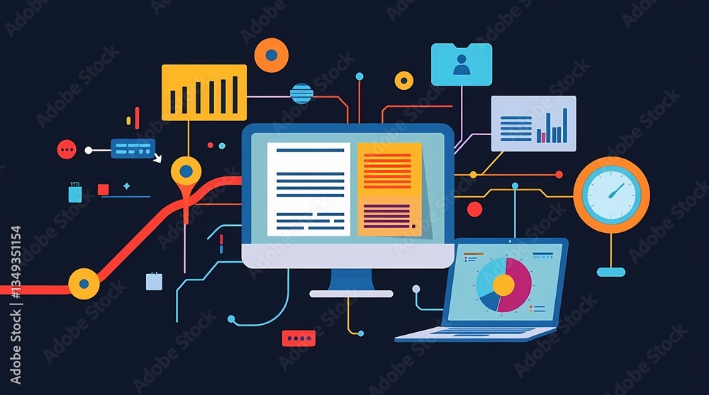 Digital World: Modern devices and graphical representation of data and information flow that create a vision of innovation, integration and technological advancement. Digital World: Modern devices and graphical representation of data and information flow that create a vision of innovation, integration and technological advancement.