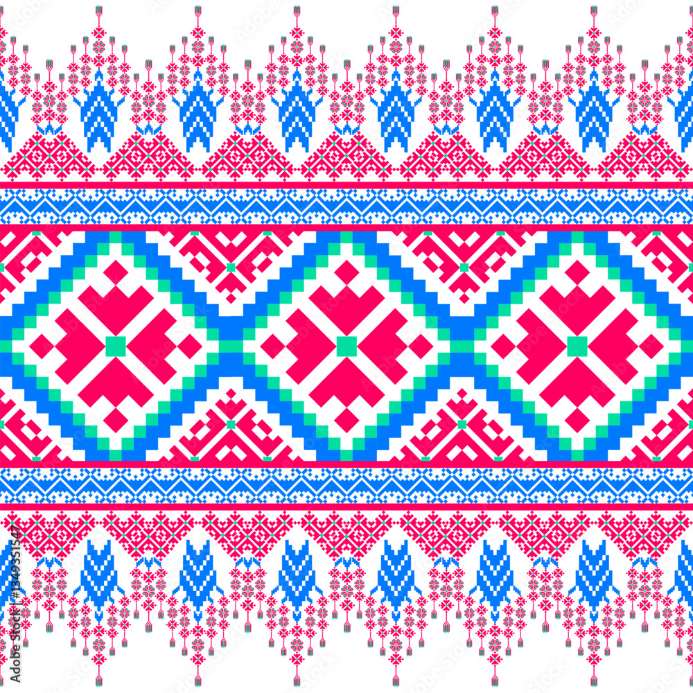 Vibrant seamless pattern with geometric heart motifs and folk floral designs in red, blue, and green. Perfect for textile design, craft projects, wallpaper, and print design with a lively charm. Vibrant seamless pattern with geometric heart motifs and folk floral designs in red, blue, and green. Perfect for textile design, craft projects, wallpaper, and print design with a lively charm.