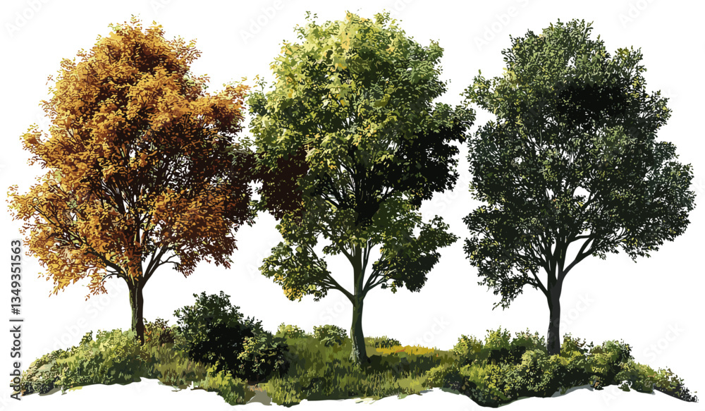 Fototapeta premium Jungle trees vector collection, hardwood trees cutout, transparent png, tropical forest plants, nature illustration, exotic greenery, environmental design, jungle foliage, green leaves