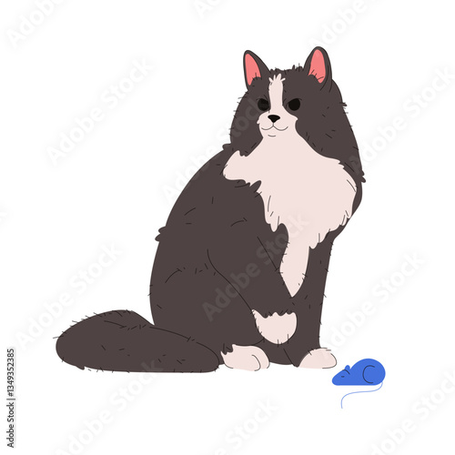 Vector cymric cat or cartoon longhair marx. Long hair feline animal or domesticated purring mammal. Domestic purebred pet. Kitten breed or pussycat companion, sociable kitty. Catling fauna. Zoology.