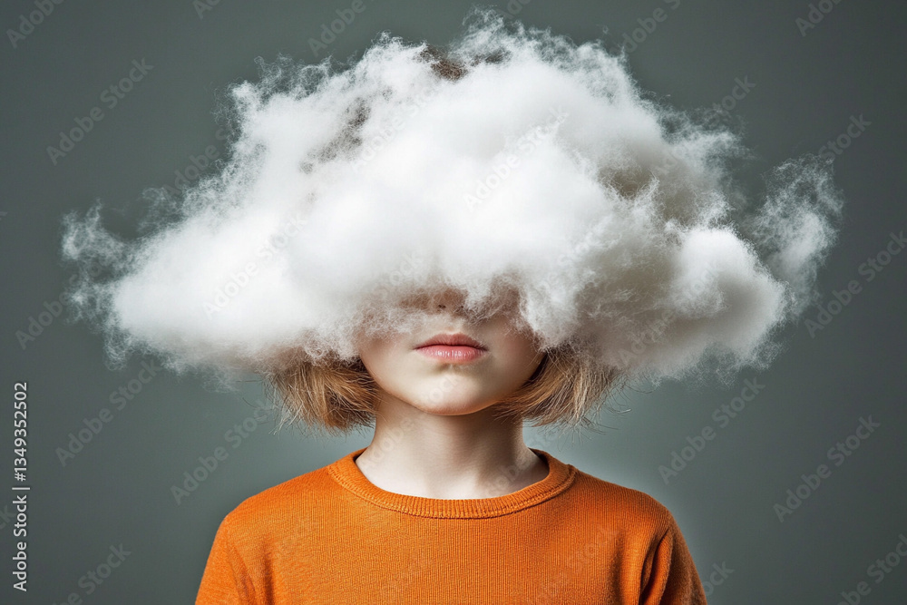 Unique headwear made of clouds creates a whimsical and dreamy look for a child in an indoor setting