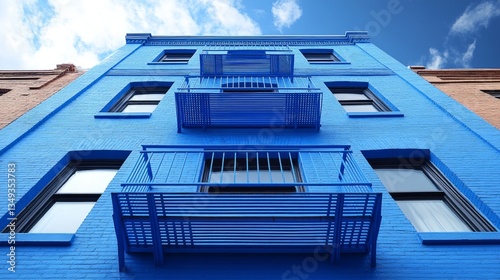 Canvas-taulu A bold blue building with unique balconies stands out against a colorful sky, sh