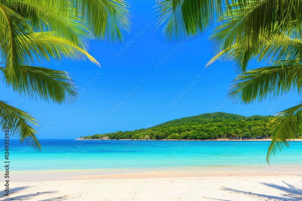 Fototapeta premium Idyllic Tropical Paradise Clear Turquoise Sea Meets White Sandy Beach Under Green Palm Framed Sky Discover Beauty Of Stunning Scene