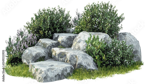 Vector cut-out gardening shrub plants, steps rock illustration, png file, nature background, green plants, garden landscaping, outdoor plants, rock garden design, shrubbery