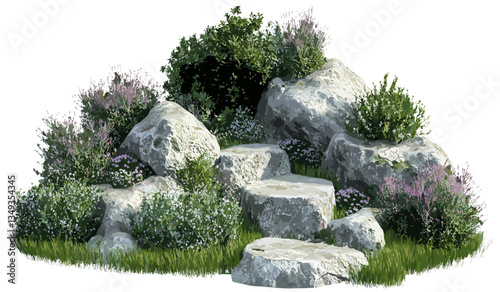 Gardening shrub plants vector cut-out, steps rock background, illustration png file, natural garden design, outdoor greenery, shrubbery landscape, plant background