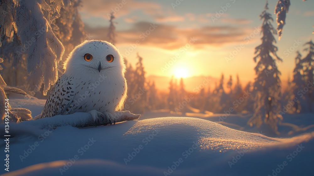 Snowy owl perched on a branch at sunset in a snowy forest Snowy owl perched on a branch at sunset in a snowy forest