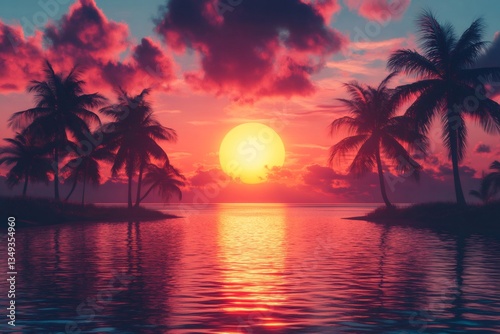 Palm trees silhouettes at sunset reflecting on calm ocean with colorful sky