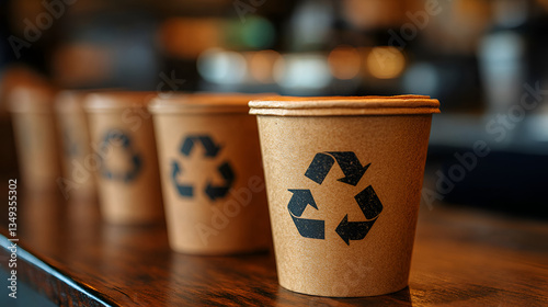 Eco-conscious coffee cups showcasing a commitment to sustainability and environmental responsibility in a warm, inviting café setting with soft lighting.