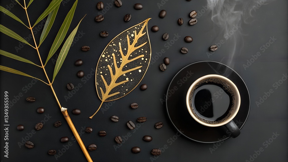 Fototapeta premium Morning Brew & Artistry: An overhead shot captures a steaming cup of coffee alongside scattered beans, and decorative leaf, suggesting a moment of calm and sophistication.
