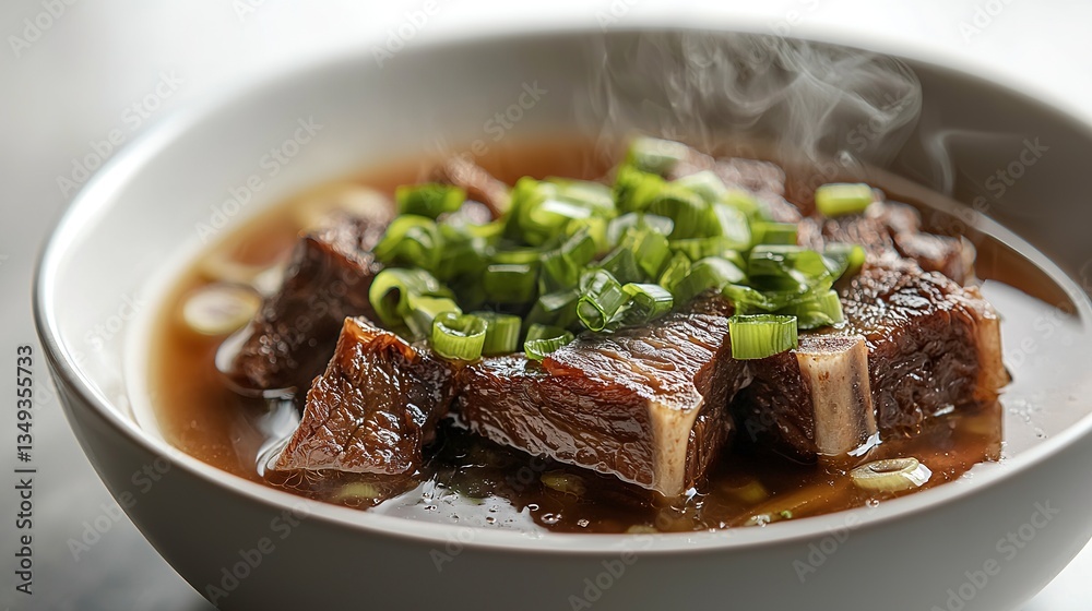 Delicious serving of stewed meat topped with fresh green onions Delicious serving of stewed meat topped with fresh green onions