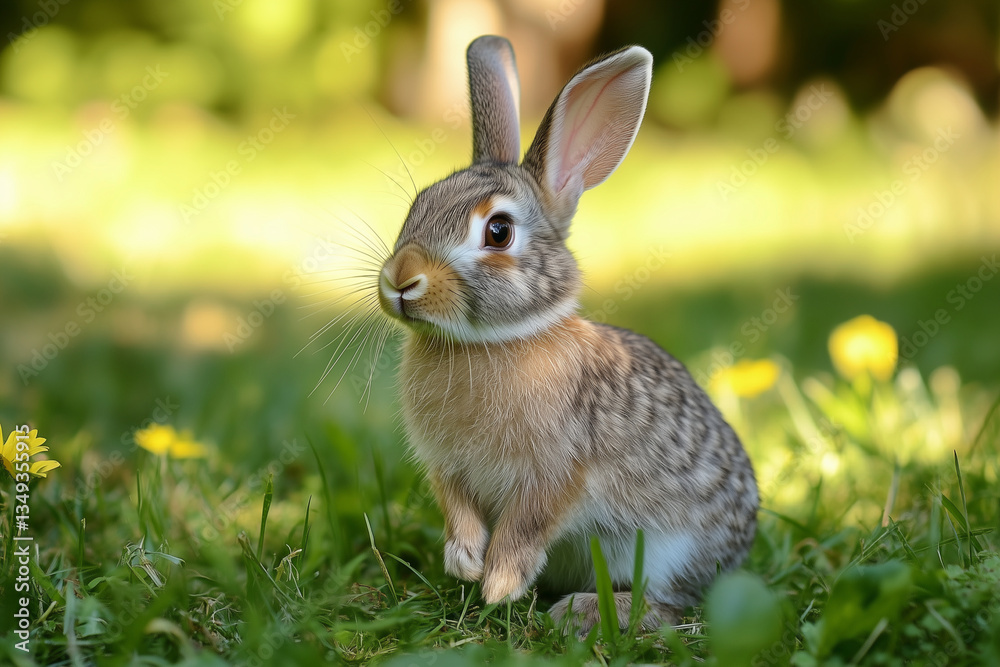 Fototapeta premium Brown Rabbit Sitting on Green Grass