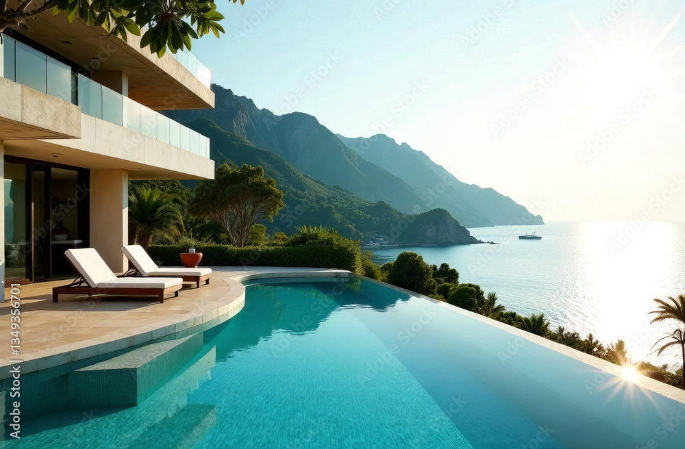 Fototapeta premium luxurious hotel resort with a breathtaking vista of sparkling azure sea, lush tropical gardens, and infinity pool in early morning light