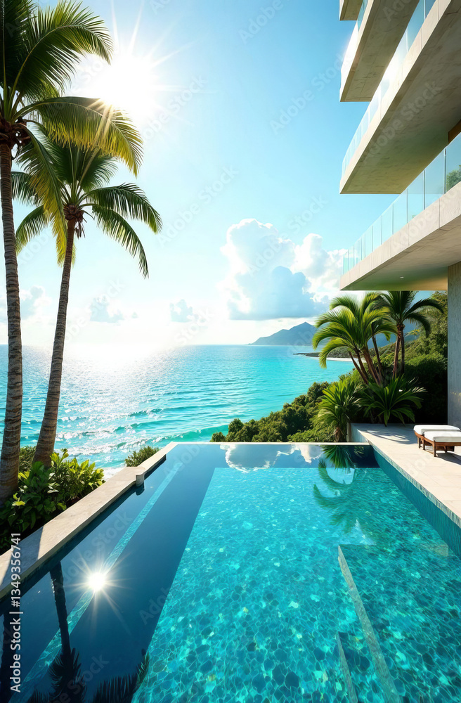 Fototapeta premium luxurious hotel resort with a breathtaking vista of sparkling azure sea, lush tropical gardens, and infinity pool in early morning light 