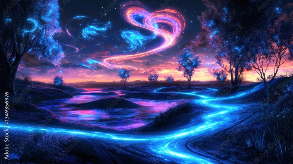 Obraz premium Surreal luminescence landscape with ethereal river under celestial swirls