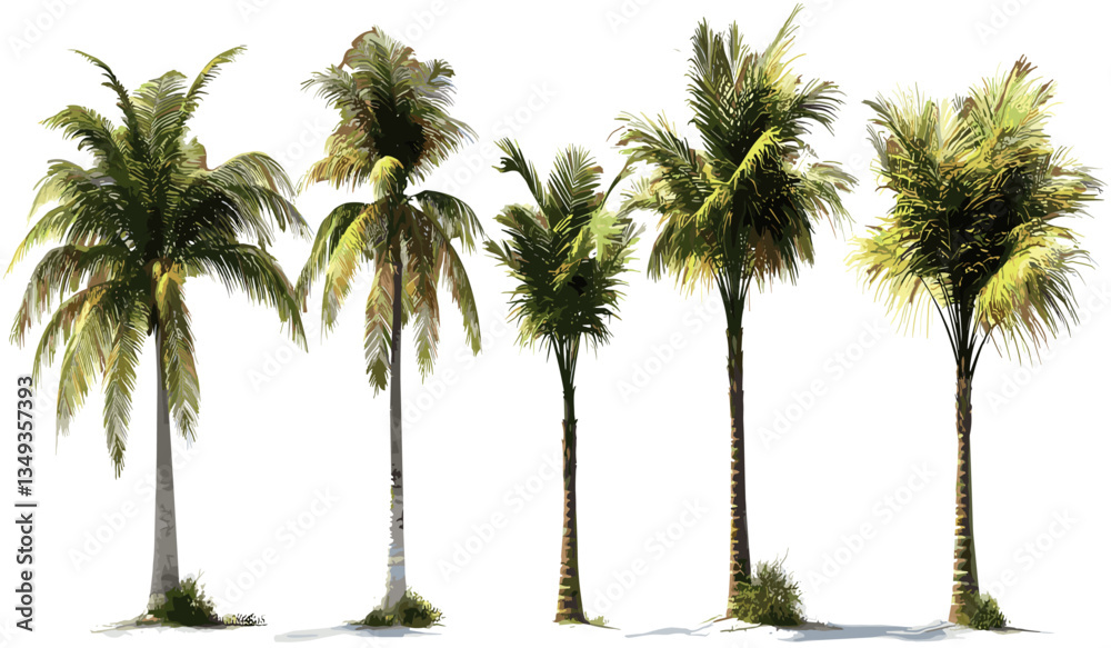 Obraz premium Vector summer palm trees, cut out tropical shapes, PNG palm leaves, beach plants, island scenery, tropical nature, tropical foliage, exotic trees, summer vibes, palm silhouettes