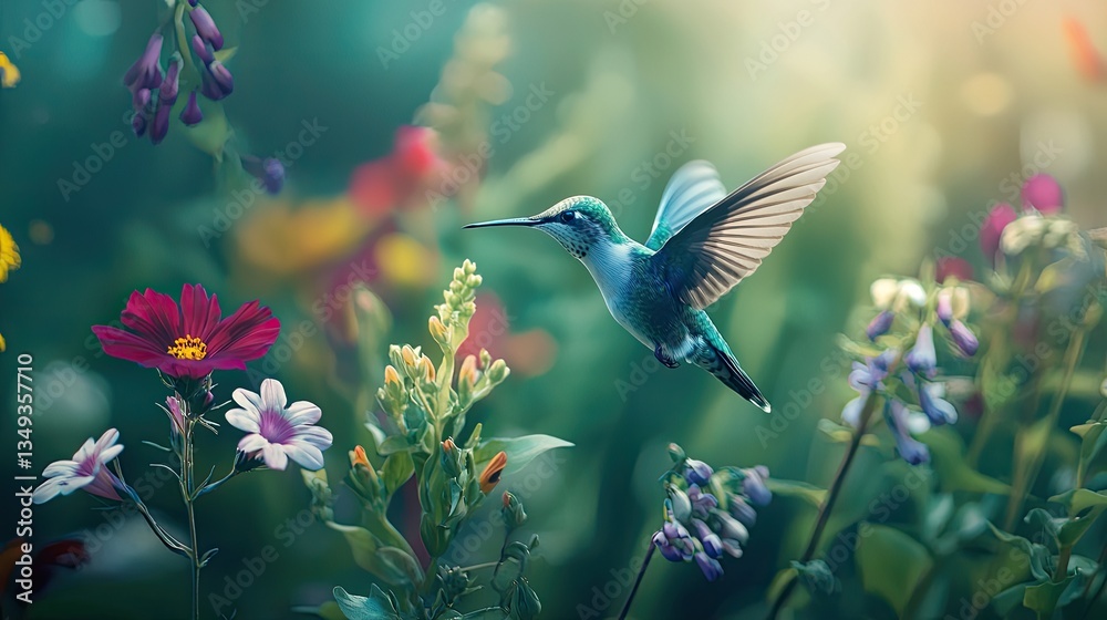 Naklejka premium Colorful hummingbirds and flowers in nature, with a cyan color scheme.