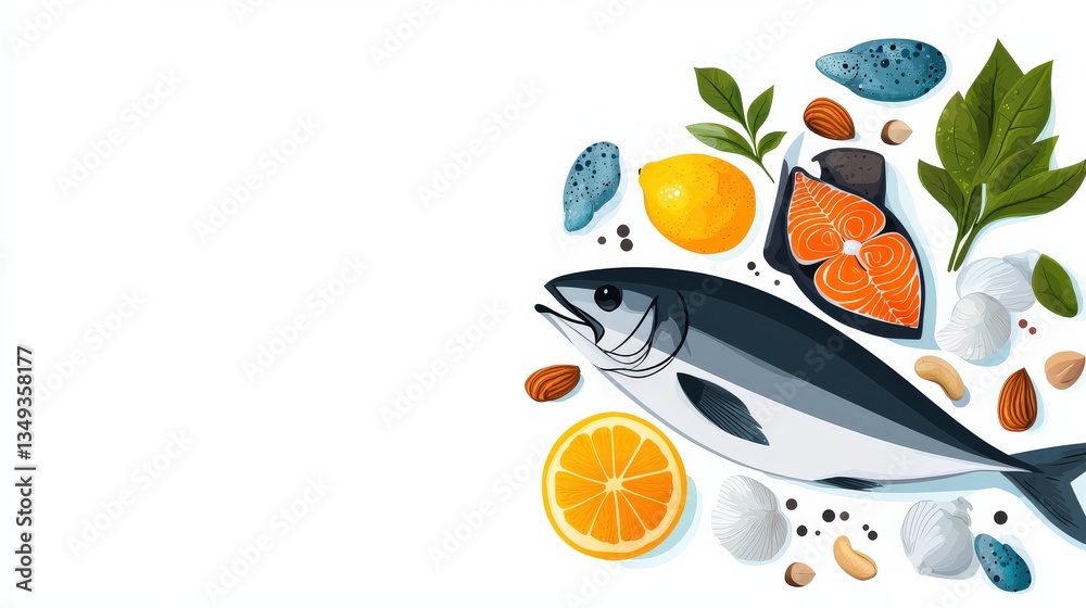 Obraz premium A colorful assortment of food items including fish, nuts, and vegetables