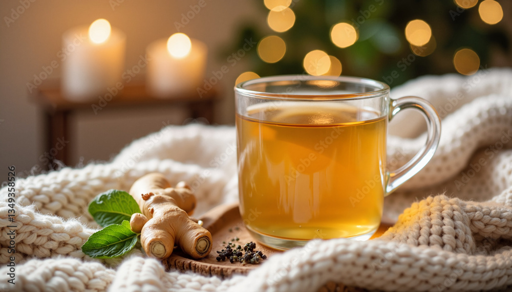 Glass of ginger tea with spices on cozy knit blanket Glass of ginger tea with spices on cozy knit blanket