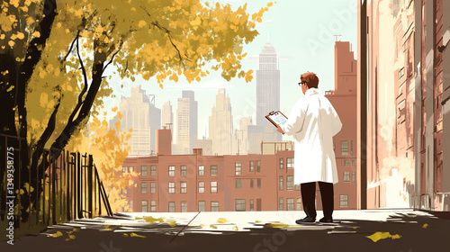 A public health expert in a lab coat surveying a cityscape to analyze epidemiological data and urban health risks.