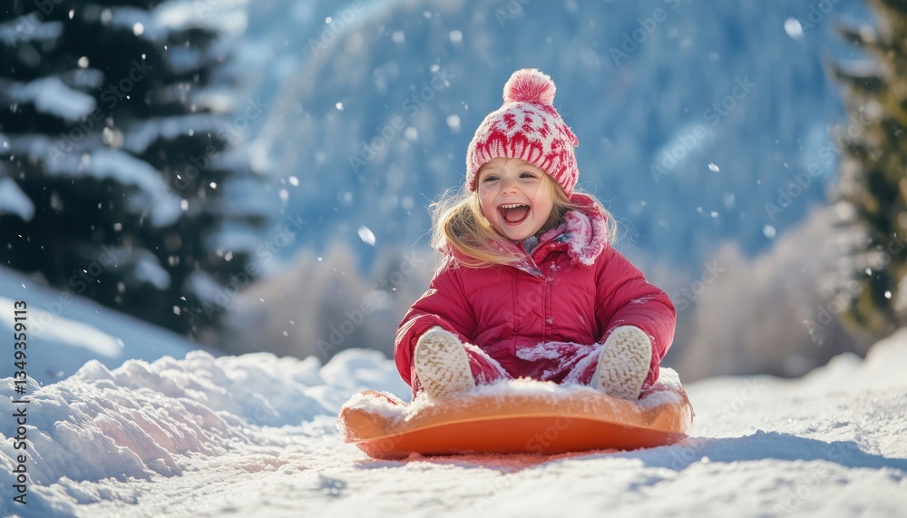 Children Having Fun Sledging In The Snow-Covered Alps During Winter Holiday. Little Girl And Toddler Enjoy Outdoor Adventure In Christmas Vacation. Children Having Fun Sledging In The Snow-Covered Alps During Winter Holiday. Little Girl And Toddler Enjoy Outdoor Adventure In Christmas Vacation.