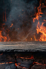 Empty wooden tabletop on stone wall with burning fire background