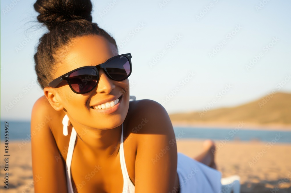 Smiling Black Woman In White Halter Top On Golden Beach Sunny Day By Clear Ocean, With Dark Hair Bun Black Sunglasses, Enjoying Sunny Beach Vibe Smiling Black Woman In White Halter Top On Golden Beach Sunny Day By Clear Ocean, With Dark Hair Bun Black Sunglasses, Enjoying Sunny Beach Vibe