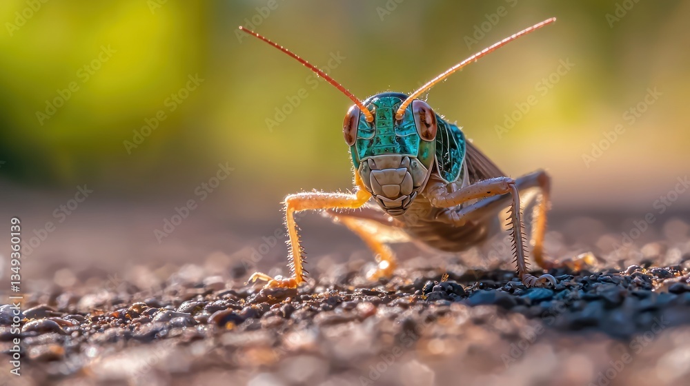 Fototapeta premium Close-up of colorful grasshopper on ground with blurred background