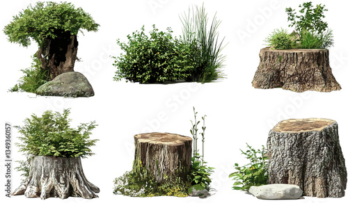Vector forest pack, cutout shrubs, rocks, wood, stump, nature illustration, PNG collection, outdoor design, forest landscape, greenery, wildlife, natural scenery, environment