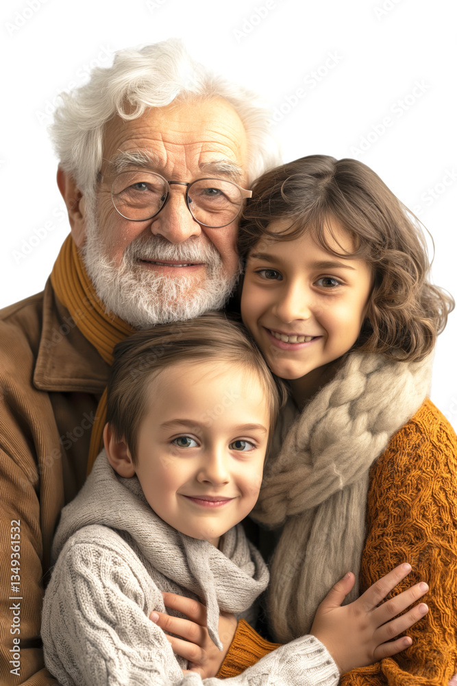 Smiling elderly man cuddles with two happy children, capturing warmth and joy in a cozy moment. Smiling elderly man cuddles with two happy children, capturing warmth and joy in a cozy moment.