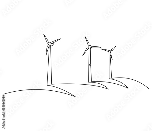 Continuous one line drawing of wind turbine. Single line drawing illustration of wind energy. Sustainable and alternative renewable energy concept vector art. Doodle line illustration.