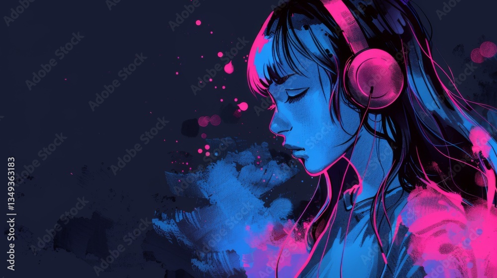 Fototapeta premium Beautiful anime girl listening to lofi hip hop music with headphones. Manga, cartoon drawing.