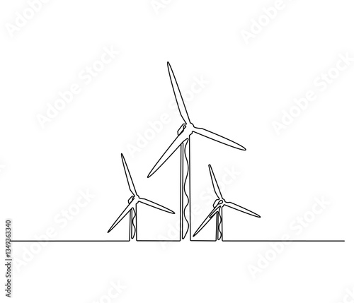 Continuous one line drawing of wind turbine. Single line drawing illustration of wind energy. Sustainable and alternative renewable energy concept vector art. Doodle line illustration.