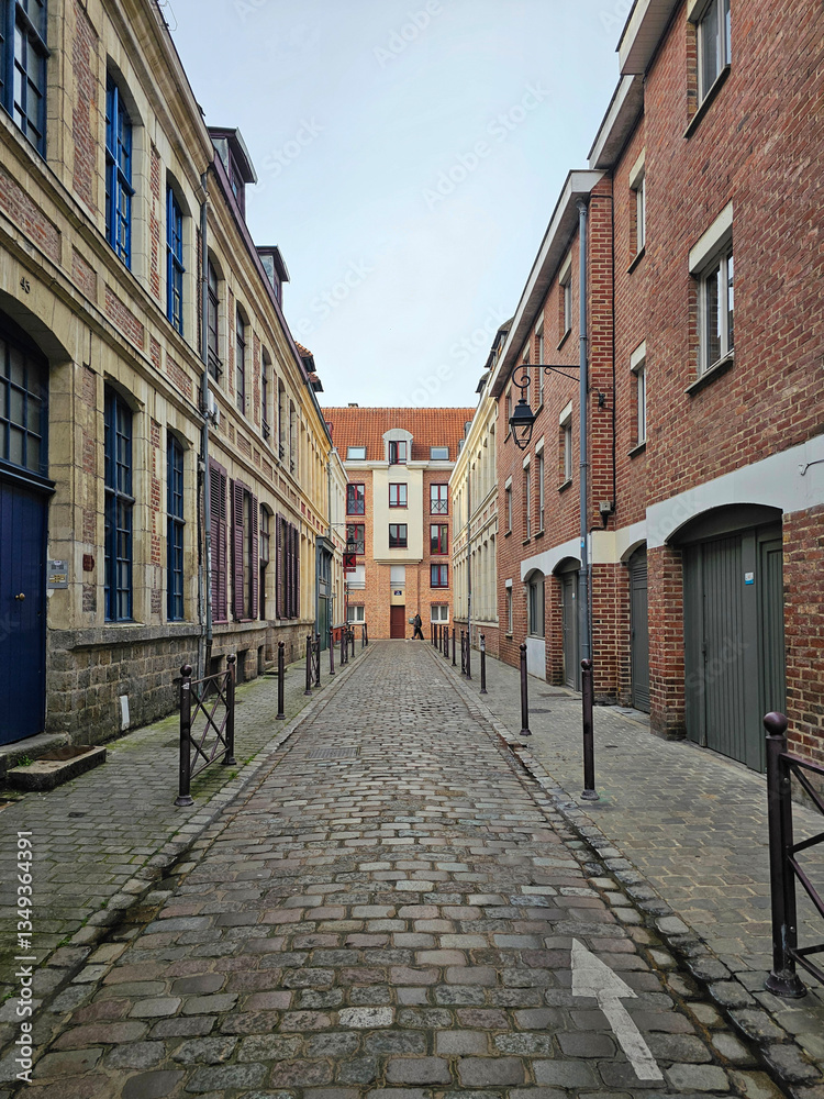 Fototapeta premium Vieux Lille Old town : Empty Narrow Cobblestone Street and Old Architectural Buildings in the Historic City Center, Northern France