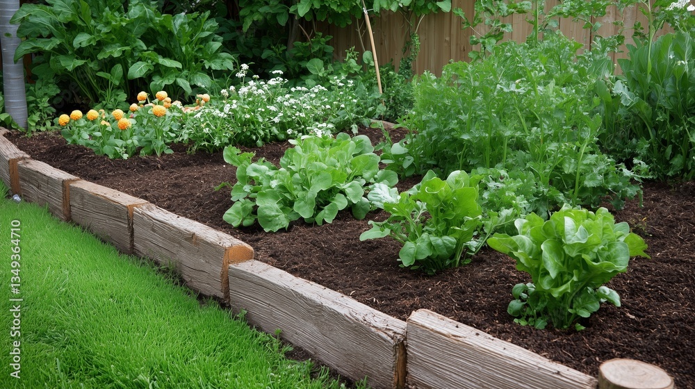 A garden with a brick border and a variety of plants including lettuce, radishes, and carrots A garden with a brick border and a variety of plants including lettuce, radishes, and carrots