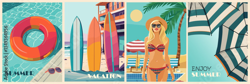 Set of Summer posters in retro style with a girl in a bikini and a surfboard, pool, beach umbrellas. Colorful vector illustrations