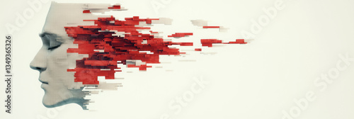 A glitch-inspired abstract 3D sculpture of a face, where square-shaped pixels shift and dissolve