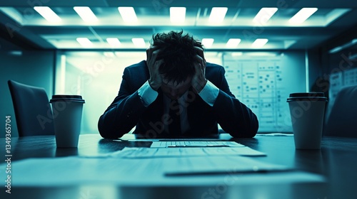 A businessman sitting in a cluttered office, looking stressed and exhausted