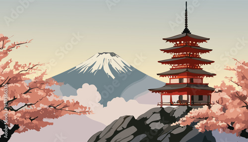 Japanese pagoda on mountain with cherry blossoms and Mount Fuji in the background. Traditional Japan landscape with sakura trees, red temple, and snow-capped Mount Fuji. iconic Pagoda and Mount Fuji