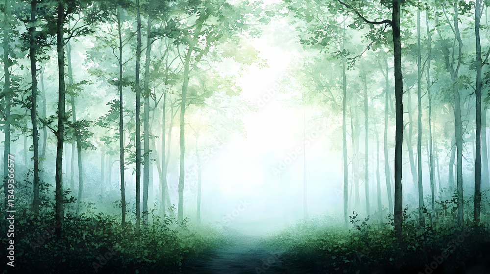 Obraz premium Watercolor Forest Scene with Dense Trees and Morning Fog Sunlight Through Branches