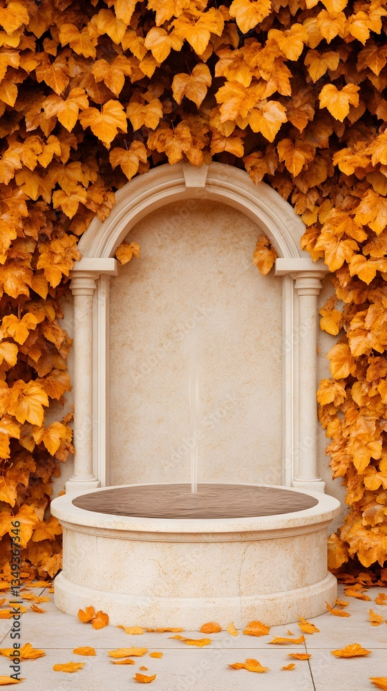 A podium wrapped in golden autumn ivy, placed in an old stone garden with a trickling fountain.