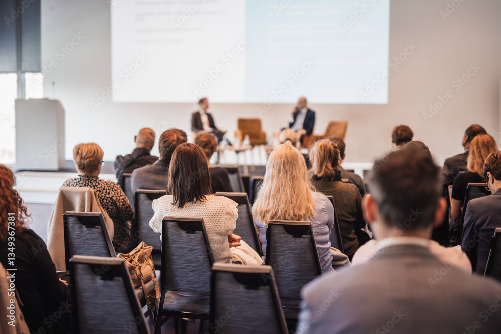 Obraz premium Interview and round table discussion at business convention and presentation. Audience at the conference hall. Business and entrepreneurship symposium.