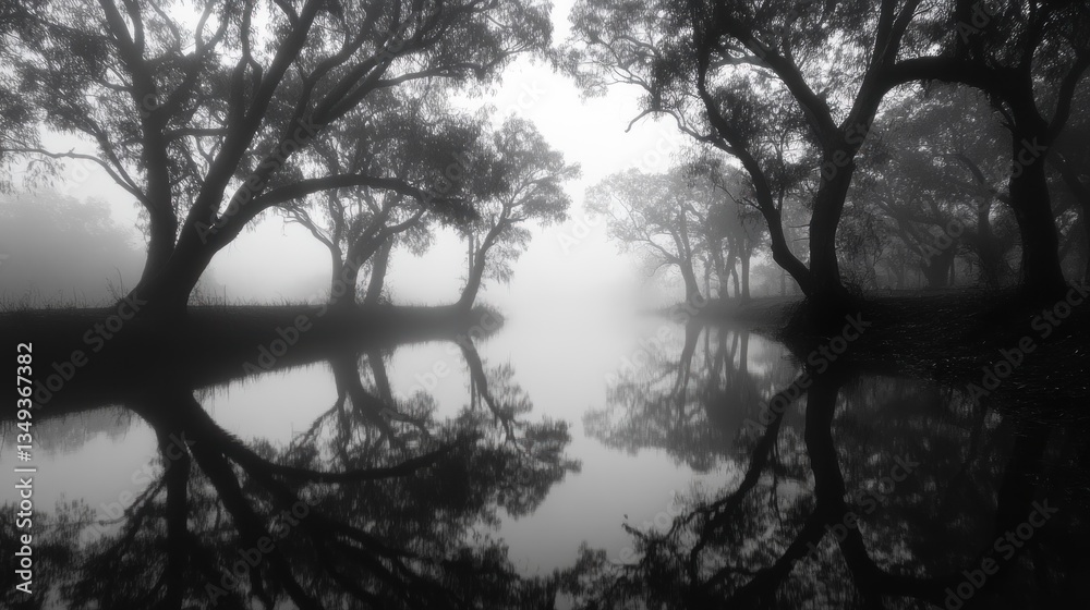 Fototapeta premium Misty Morning Reflections: A Monochromatic Escape into Nature's Serenity