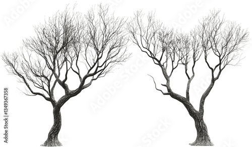 Vector dead trees, leafless branches cutout, dry twigs PNG, silhouette tree shapes, isolated elements, bare tree limbs, transparent background, nature design, winter barren trees