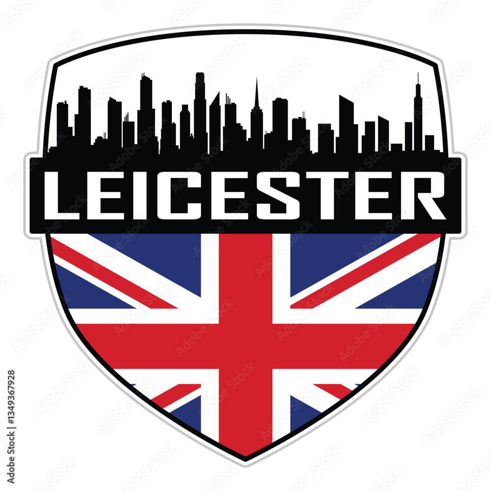 Fototapeta premium Leicester Uk Flag Skyline Cityscape Silhouette Travel Souvenir Sticker Isolated Vector