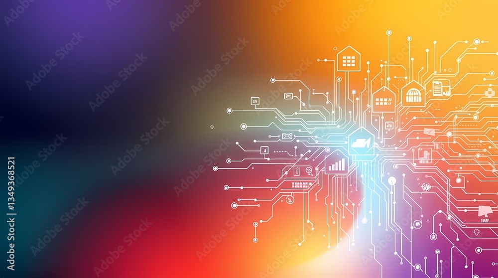 Digital Data Stream: A dynamic representation of data flow, featuring interconnected circuit boards with glowing lines and abstract shapes, painted with vibrant hues.
