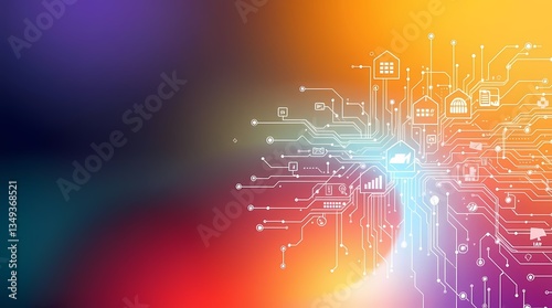 Obraz na płótnie Digital Data Stream: A dynamic representation of data flow, featuring interconnected circuit boards with glowing lines and abstract shapes, painted with vibrant hues. w salonie