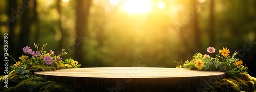 A wooden podium covered in moss and vibrant flowers, placed on the right side of a mystical forest with golden sunlight filtering through the trees.