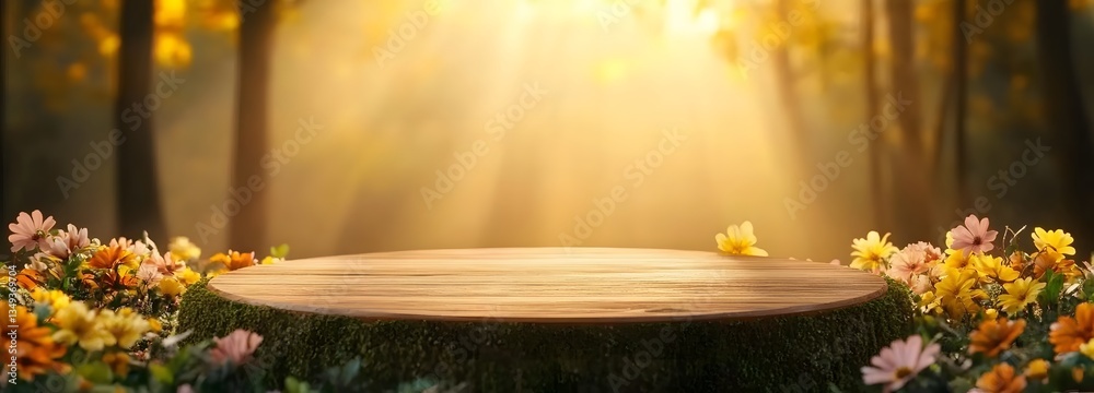 A wooden podium covered in moss and vibrant flowers, placed on the right side of a mystical forest with golden sunlight filtering through the trees.